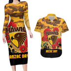 Custom Hawks Football ANZAC Couples Matching Long Sleeve Bodycon Dress and Hawaiian Shirt Gallipoli Camouflage With Poppies