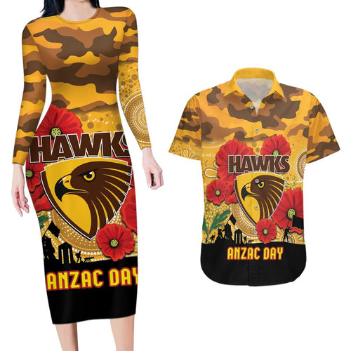 Custom Hawks Football ANZAC Couples Matching Long Sleeve Bodycon Dress and Hawaiian Shirt Gallipoli Camouflage With Poppies