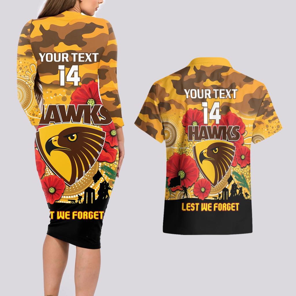 Custom Hawks Football ANZAC Couples Matching Long Sleeve Bodycon Dress and Hawaiian Shirt Gallipoli Camouflage With Poppies
