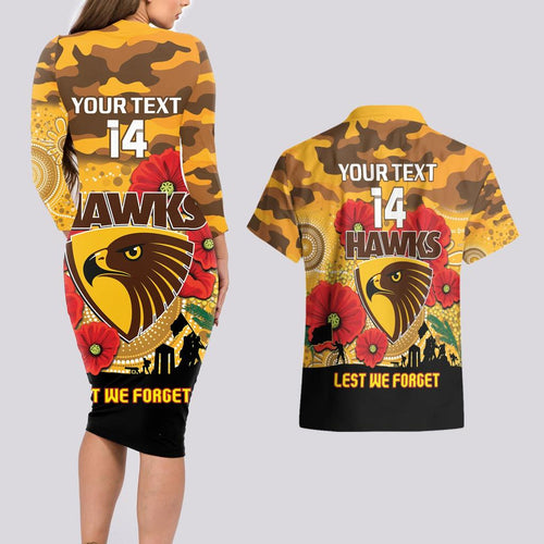 Custom Hawks Football ANZAC Couples Matching Long Sleeve Bodycon Dress and Hawaiian Shirt Gallipoli Camouflage With Poppies
