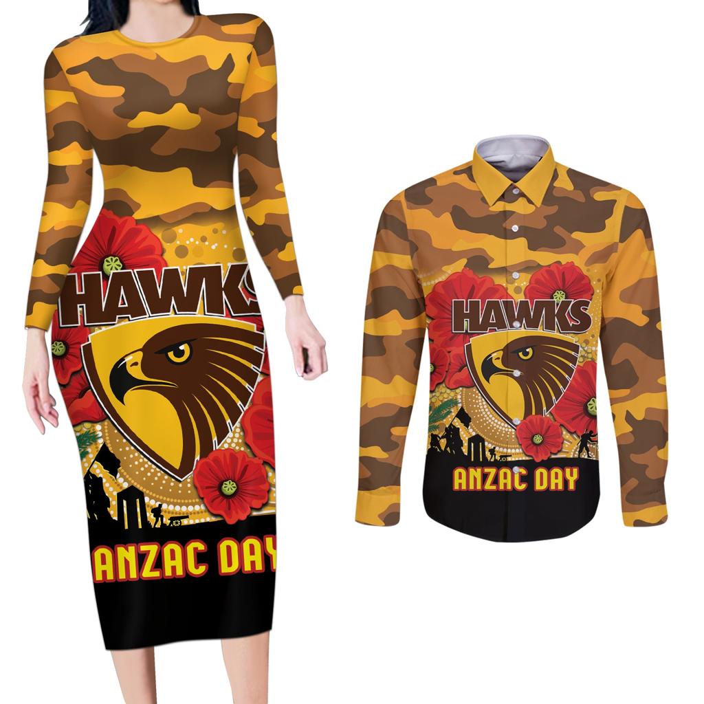 Custom Hawks Football ANZAC Couples Matching Long Sleeve Bodycon Dress and Long Sleeve Button Shirt Gallipoli Camouflage With Poppies