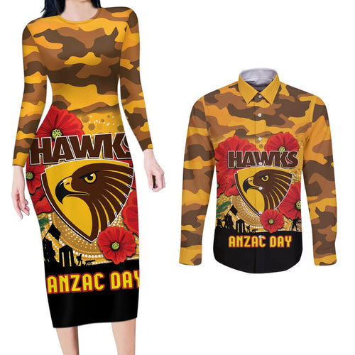 Custom Hawks Football ANZAC Couples Matching Long Sleeve Bodycon Dress and Long Sleeve Button Shirt Gallipoli Camouflage With Poppies