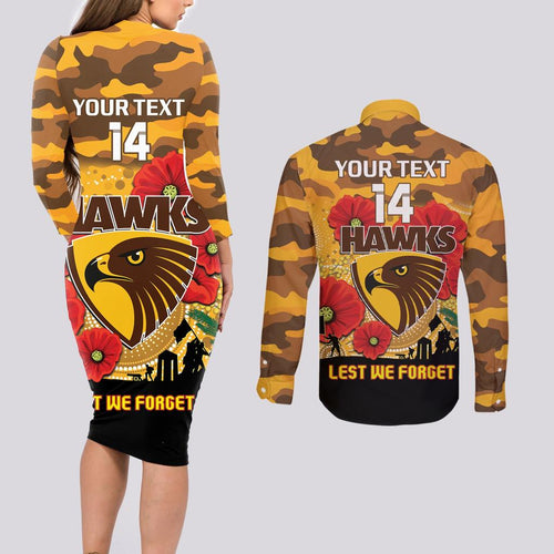 Custom Hawks Football ANZAC Couples Matching Long Sleeve Bodycon Dress and Long Sleeve Button Shirt Gallipoli Camouflage With Poppies