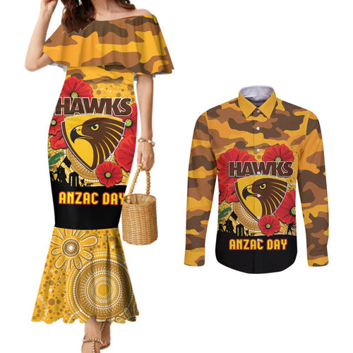 Custom Hawks Football ANZAC Couples Matching Mermaid Dress and Long Sleeve Button Shirt Gallipoli Camouflage With Poppies
