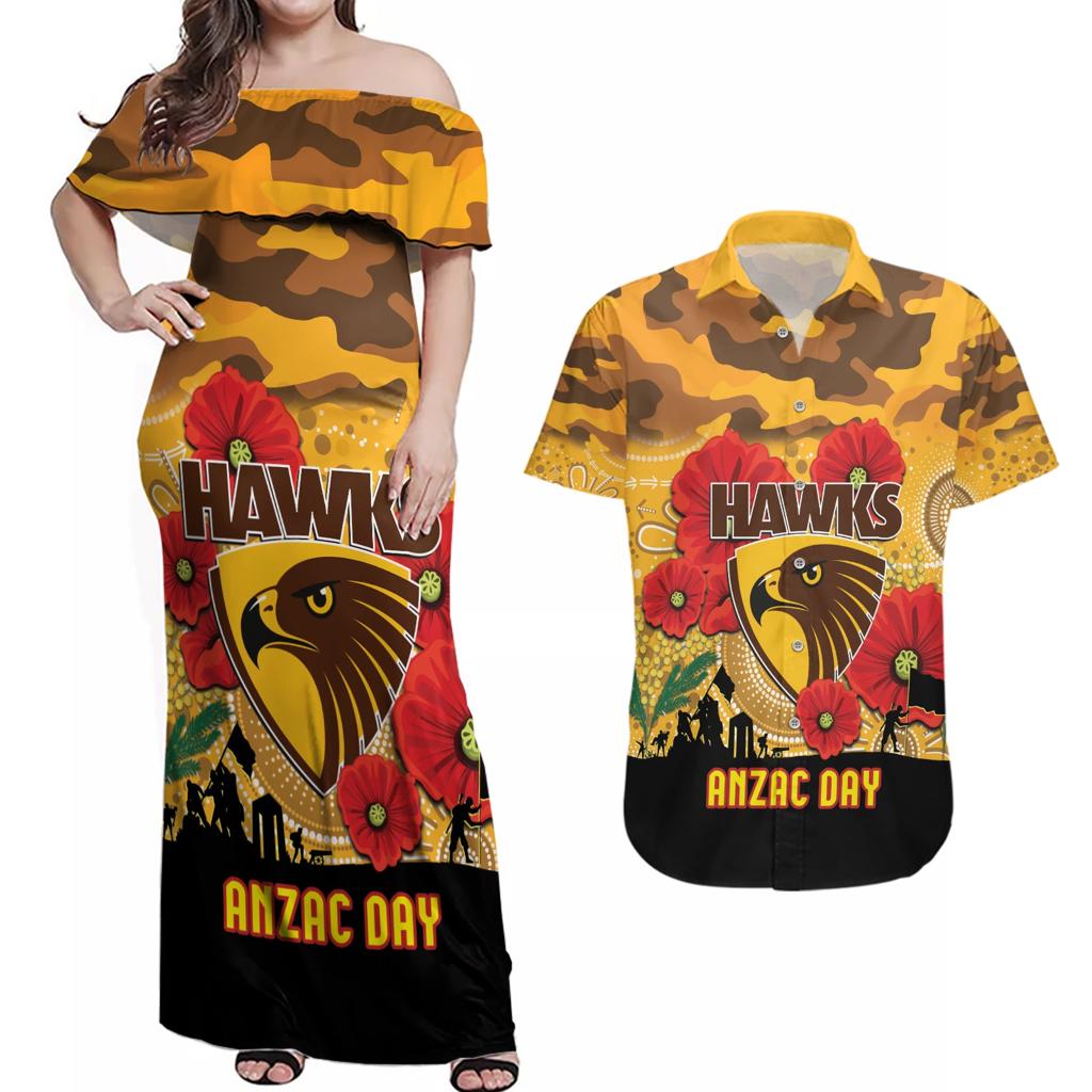 Custom Hawks Football ANZAC Couples Matching Off Shoulder Maxi Dress and Hawaiian Shirt Gallipoli Camouflage With Poppies