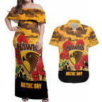 Custom Hawks Football ANZAC Couples Matching Off Shoulder Maxi Dress and Hawaiian Shirt Gallipoli Camouflage With Poppies