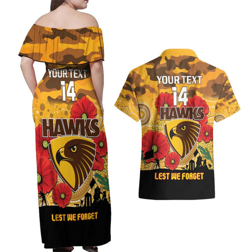 Custom Hawks Football ANZAC Couples Matching Off Shoulder Maxi Dress and Hawaiian Shirt Gallipoli Camouflage With Poppies