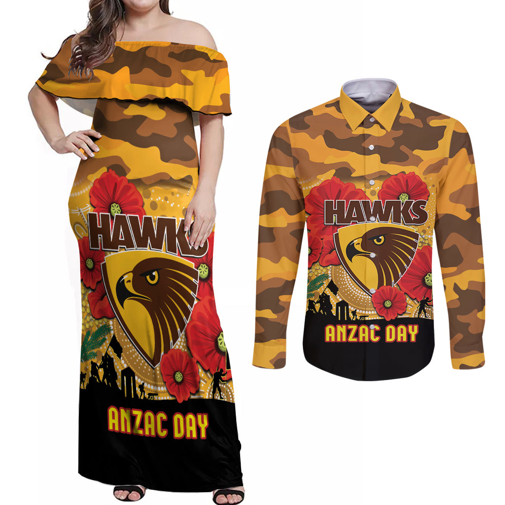 Custom Hawks Football ANZAC Couples Matching Off Shoulder Maxi Dress and Long Sleeve Button Shirt Gallipoli Camouflage With Poppies