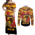 Custom Hawks Football ANZAC Couples Matching Off Shoulder Maxi Dress and Long Sleeve Button Shirt Gallipoli Camouflage With Poppies