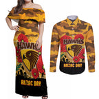 Custom Hawks Football ANZAC Couples Matching Off Shoulder Maxi Dress and Long Sleeve Button Shirt Gallipoli Camouflage With Poppies