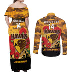 Custom Hawks Football ANZAC Couples Matching Off Shoulder Maxi Dress and Long Sleeve Button Shirt Gallipoli Camouflage With Poppies