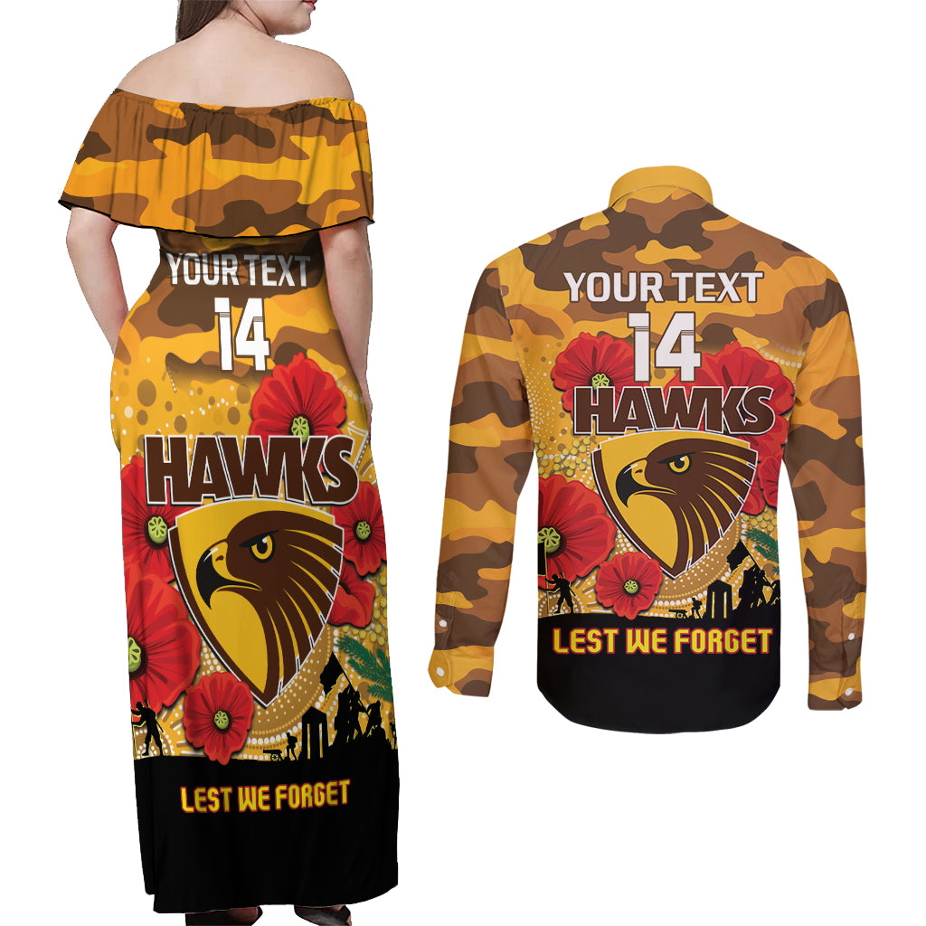 Custom Hawks Football ANZAC Couples Matching Off Shoulder Maxi Dress and Long Sleeve Button Shirt Gallipoli Camouflage With Poppies