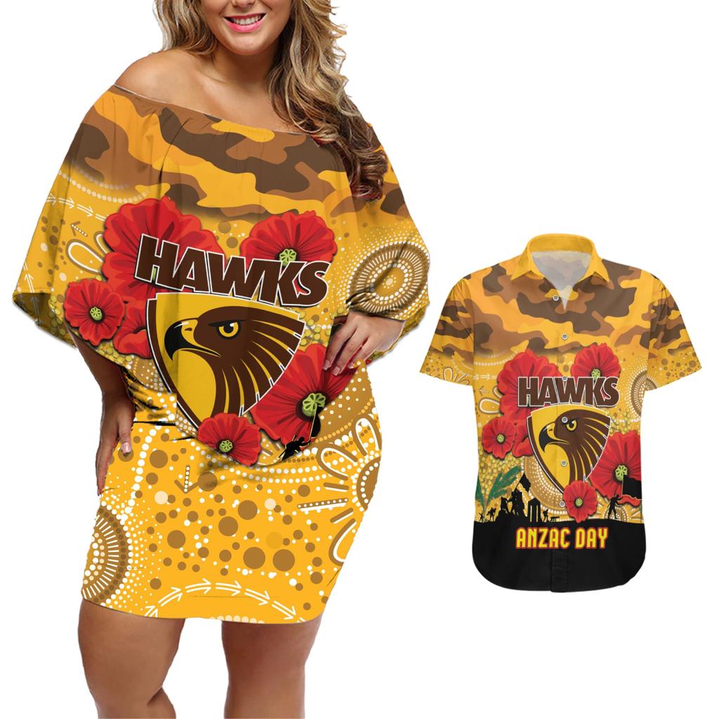 Custom Hawks Football ANZAC Couples Matching Off Shoulder Short Dress and Hawaiian Shirt Gallipoli Camouflage With Poppies