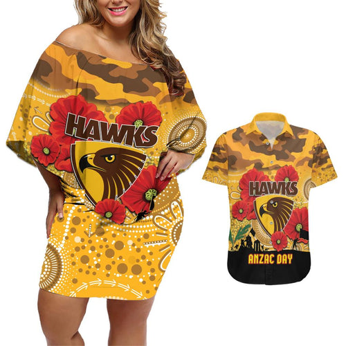 Custom Hawks Football ANZAC Couples Matching Off Shoulder Short Dress and Hawaiian Shirt Gallipoli Camouflage With Poppies