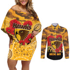 Custom Hawks Football ANZAC Couples Matching Off Shoulder Short Dress and Long Sleeve Button Shirt Gallipoli Camouflage With Poppies