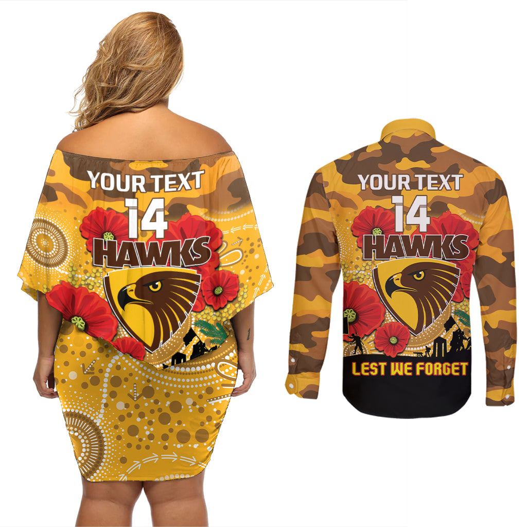 Custom Hawks Football ANZAC Couples Matching Off Shoulder Short Dress and Long Sleeve Button Shirt Gallipoli Camouflage With Poppies