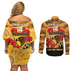 Custom Hawks Football ANZAC Couples Matching Off Shoulder Short Dress and Long Sleeve Button Shirt Gallipoli Camouflage With Poppies