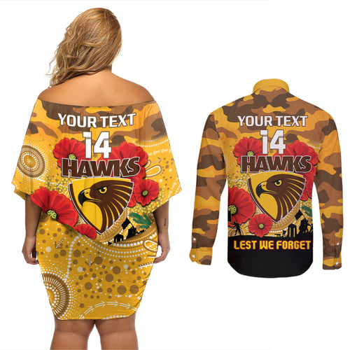 Custom Hawks Football ANZAC Couples Matching Off Shoulder Short Dress and Long Sleeve Button Shirt Gallipoli Camouflage With Poppies
