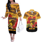 Custom Hawks Football ANZAC Couples Matching Off The Shoulder Long Sleeve Dress and Hawaiian Shirt Gallipoli Camouflage With Poppies