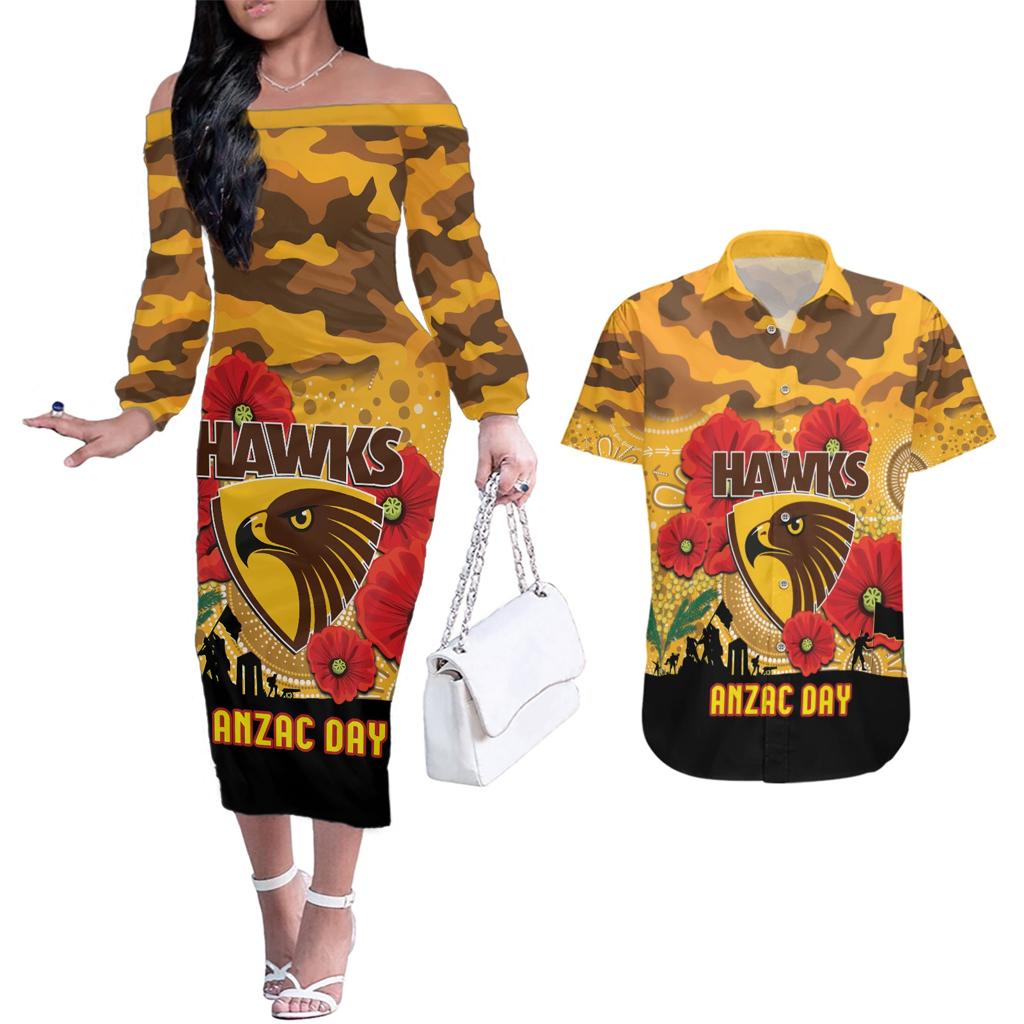 Custom Hawks Football ANZAC Couples Matching Off The Shoulder Long Sleeve Dress and Hawaiian Shirt Gallipoli Camouflage With Poppies
