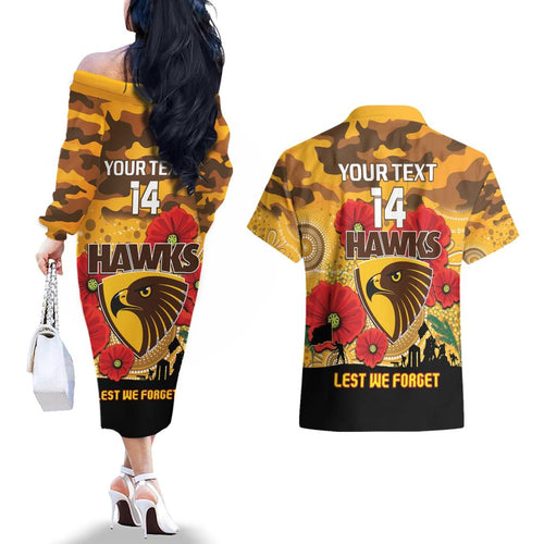 Custom Hawks Football ANZAC Couples Matching Off The Shoulder Long Sleeve Dress and Hawaiian Shirt Gallipoli Camouflage With Poppies