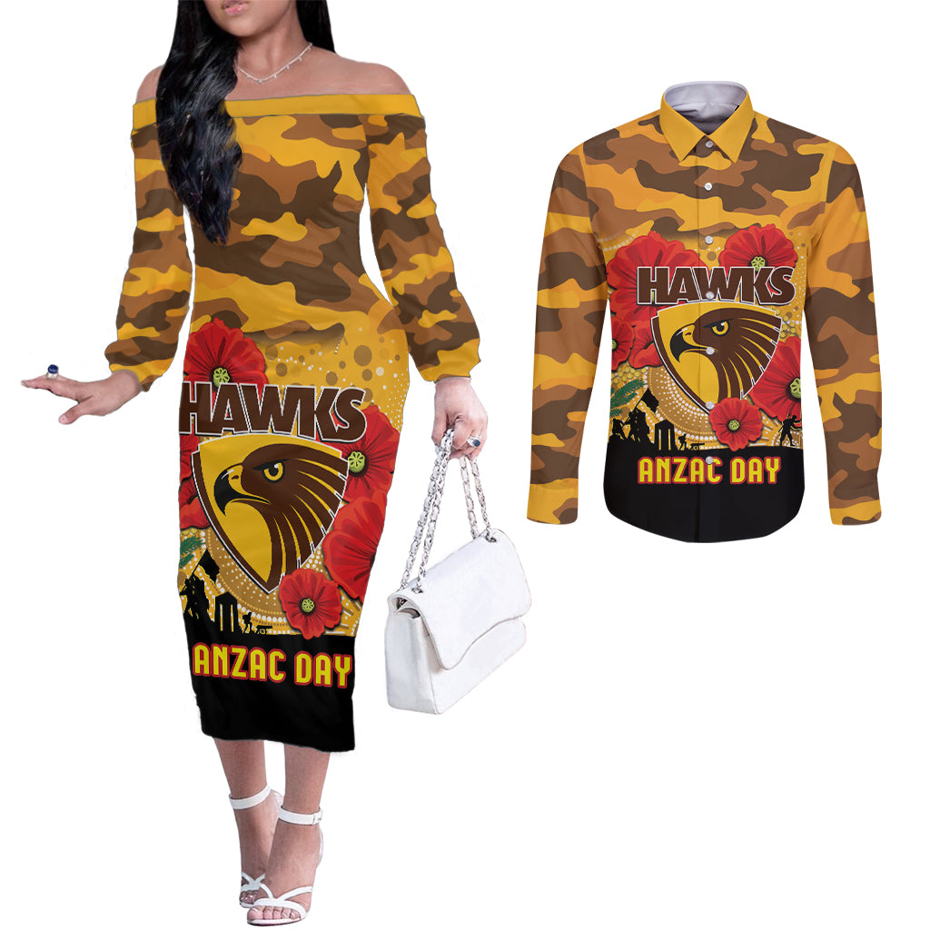 Custom Hawks Football ANZAC Couples Matching Off The Shoulder Long Sleeve Dress and Long Sleeve Button Shirt Gallipoli Camouflage With Poppies