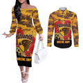 Custom Hawks Football ANZAC Couples Matching Off The Shoulder Long Sleeve Dress and Long Sleeve Button Shirt Gallipoli Camouflage With Poppies