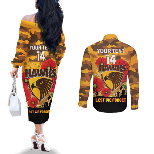 Custom Hawks Football ANZAC Couples Matching Off The Shoulder Long Sleeve Dress and Long Sleeve Button Shirt Gallipoli Camouflage With Poppies