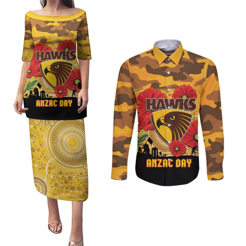 Custom Hawks Football ANZAC Couples Matching Puletasi and Long Sleeve Button Shirt Gallipoli Camouflage With Poppies