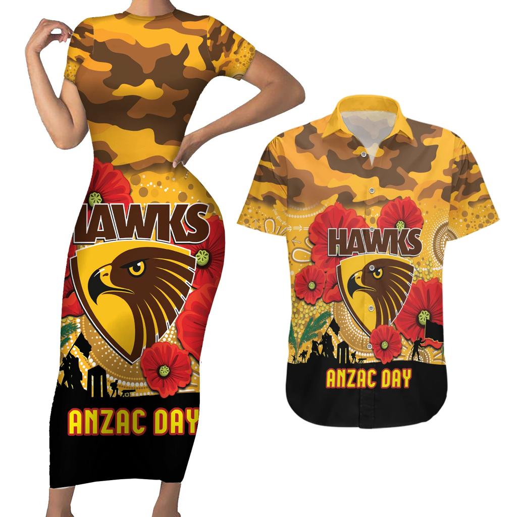 Custom Hawks Football ANZAC Couples Matching Short Sleeve Bodycon Dress and Hawaiian Shirt Gallipoli Camouflage With Poppies