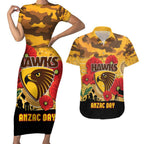 Custom Hawks Football ANZAC Couples Matching Short Sleeve Bodycon Dress and Hawaiian Shirt Gallipoli Camouflage With Poppies