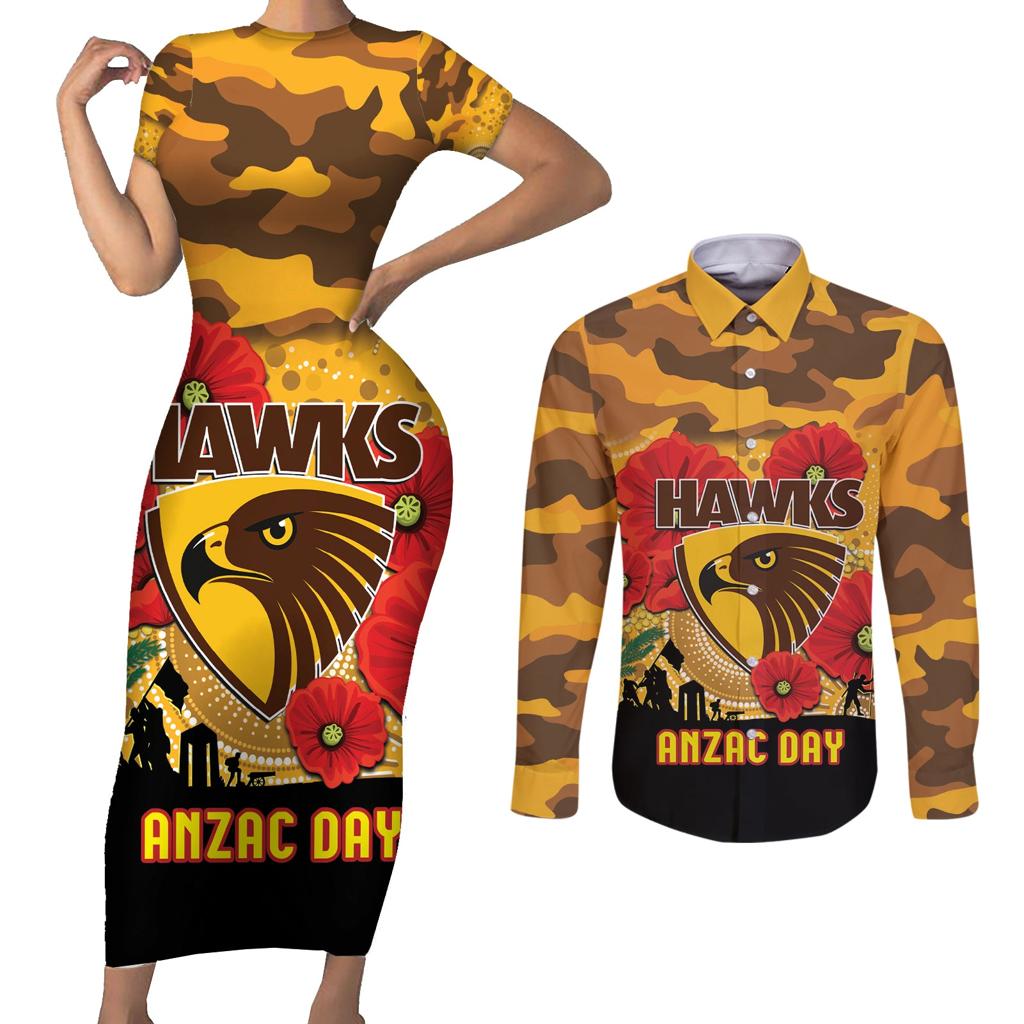 Custom Hawks Football ANZAC Couples Matching Short Sleeve Bodycon Dress and Long Sleeve Button Shirt Gallipoli Camouflage With Poppies