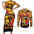Custom Hawks Football ANZAC Couples Matching Short Sleeve Bodycon Dress and Long Sleeve Button Shirt Gallipoli Camouflage With Poppies