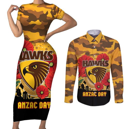 Custom Hawks Football ANZAC Couples Matching Short Sleeve Bodycon Dress and Long Sleeve Button Shirt Gallipoli Camouflage With Poppies