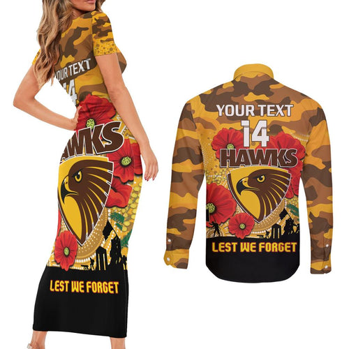 Custom Hawks Football ANZAC Couples Matching Short Sleeve Bodycon Dress and Long Sleeve Button Shirt Gallipoli Camouflage With Poppies