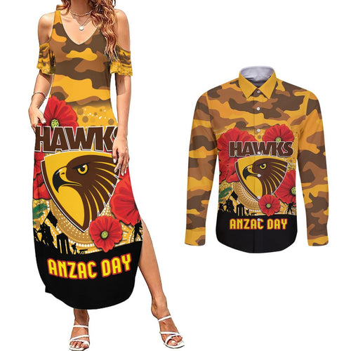 Custom Hawks Football ANZAC Couples Matching Summer Maxi Dress and Long Sleeve Button Shirt Gallipoli Camouflage With Poppies