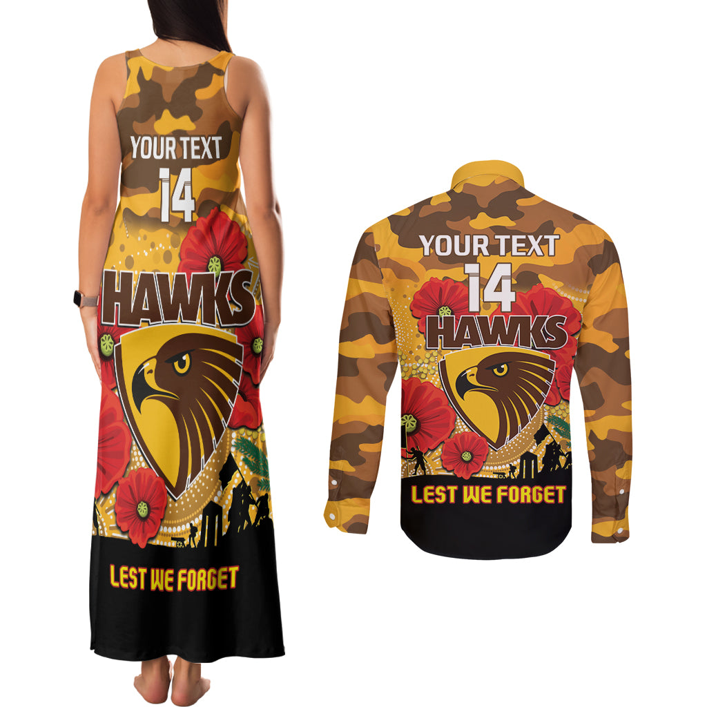 Custom Hawks Football ANZAC Couples Matching Tank Maxi Dress and Long Sleeve Button Shirt Gallipoli Camouflage With Poppies