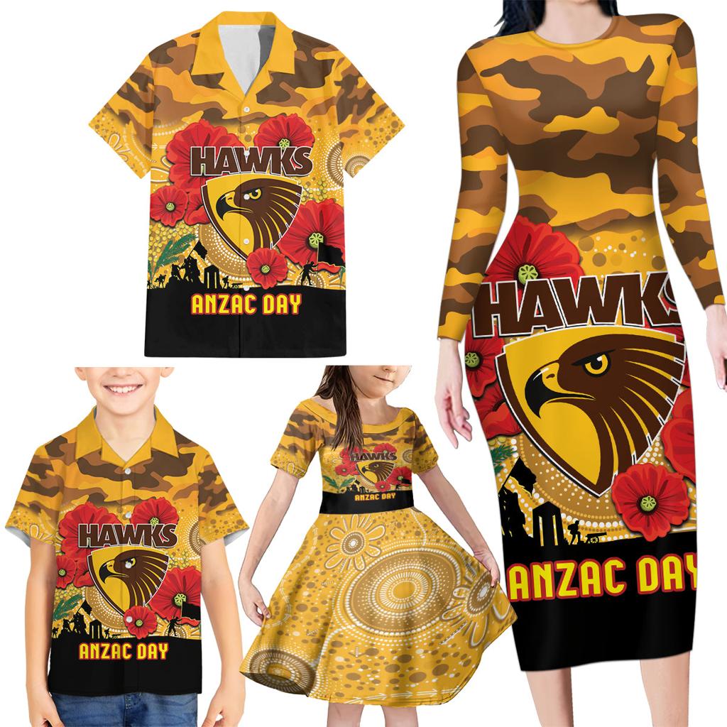 Custom Hawks Football ANZAC Family Matching Long Sleeve Bodycon Dress and Hawaiian Shirt Gallipoli Camouflage With Poppies