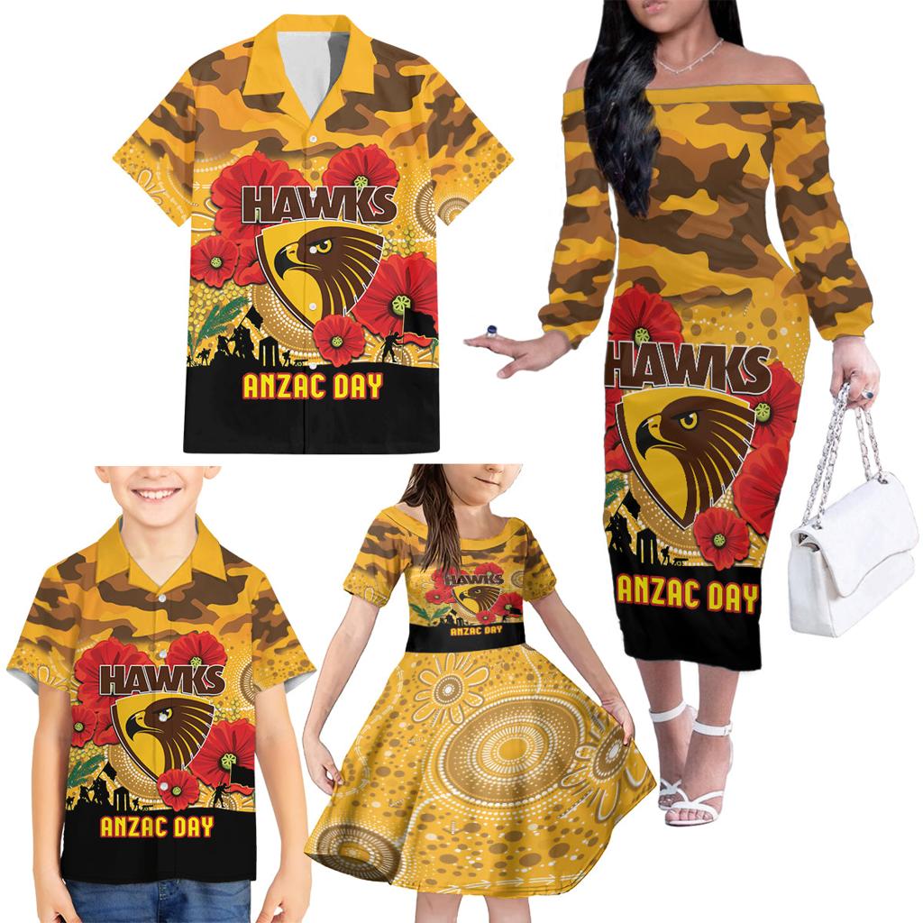 Custom Hawks Football ANZAC Family Matching Off Shoulder Long Sleeve Dress and Hawaiian Shirt Gallipoli Camouflage With Poppies