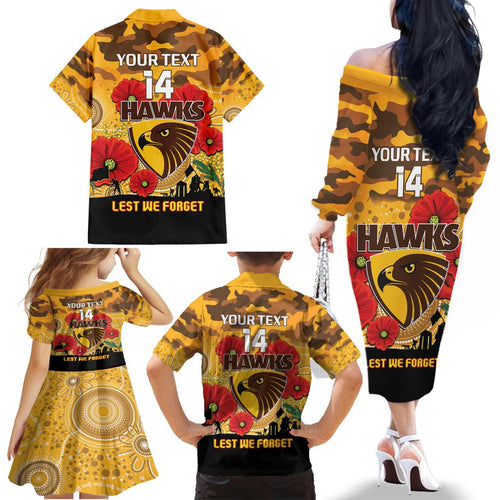 Custom Hawks Football ANZAC Family Matching Off Shoulder Long Sleeve Dress and Hawaiian Shirt Gallipoli Camouflage With Poppies