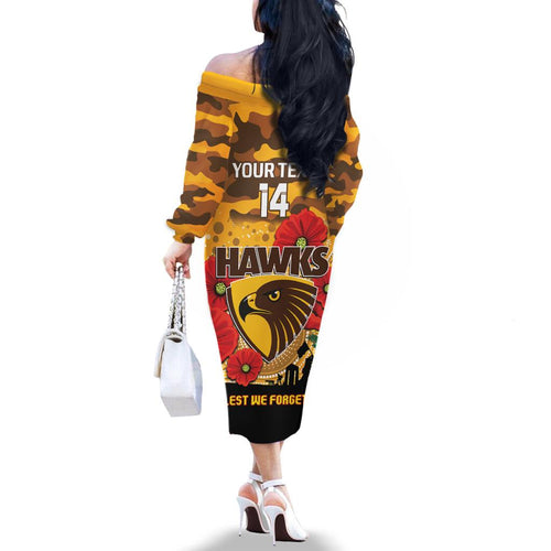 Custom Hawks Football ANZAC Family Matching Off Shoulder Long Sleeve Dress and Hawaiian Shirt Gallipoli Camouflage With Poppies