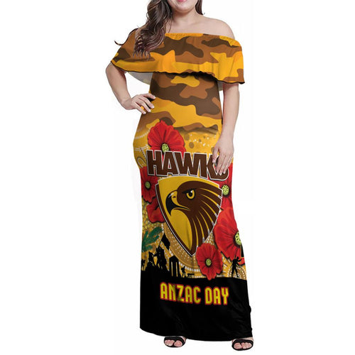 Custom Hawks Football ANZAC Family Matching Off Shoulder Maxi Dress and Hawaiian Shirt Gallipoli Camouflage With Poppies