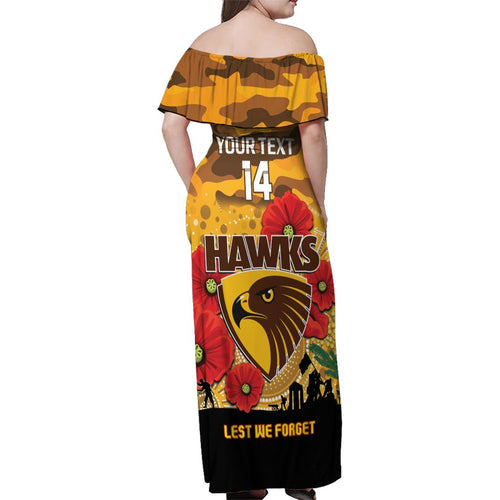 Custom Hawks Football ANZAC Family Matching Off Shoulder Maxi Dress and Hawaiian Shirt Gallipoli Camouflage With Poppies