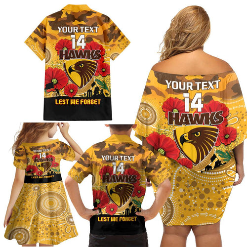 Custom Hawks Football ANZAC Family Matching Off Shoulder Short Dress and Hawaiian Shirt Gallipoli Camouflage With Poppies