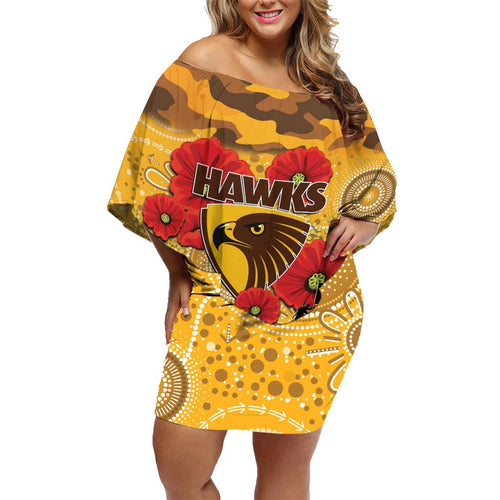 Custom Hawks Football ANZAC Family Matching Off Shoulder Short Dress and Hawaiian Shirt Gallipoli Camouflage With Poppies