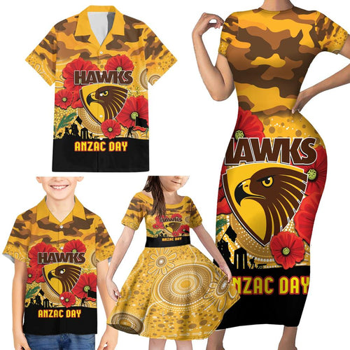 Custom Hawks Football ANZAC Family Matching Short Sleeve Bodycon Dress and Hawaiian Shirt Gallipoli Camouflage With Poppies