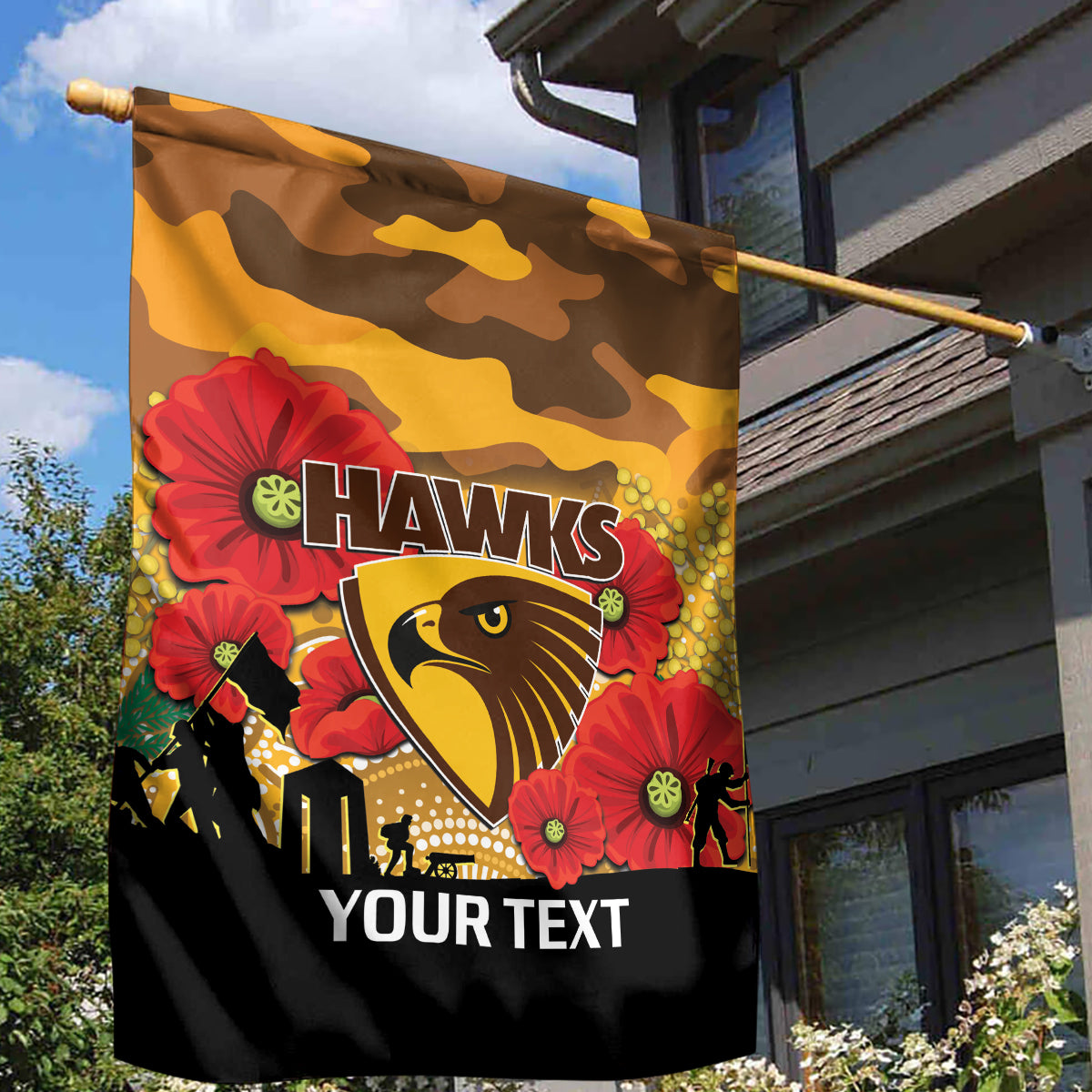 Custom Hawks Football ANZAC Garden Flag Gallipoli Camouflage With Poppies