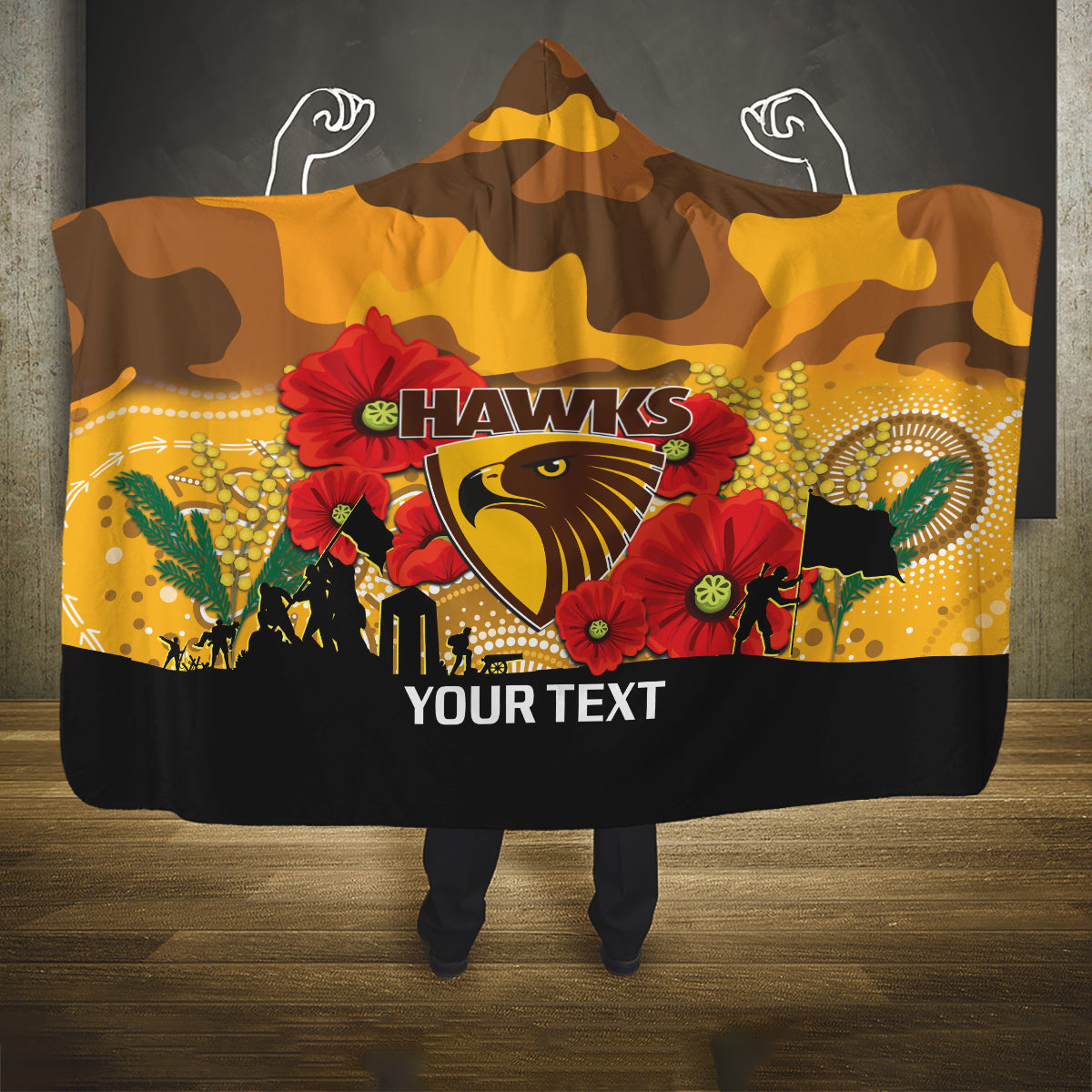 Custom Hawks Football ANZAC Hooded Blanket Gallipoli Camouflage With Poppies