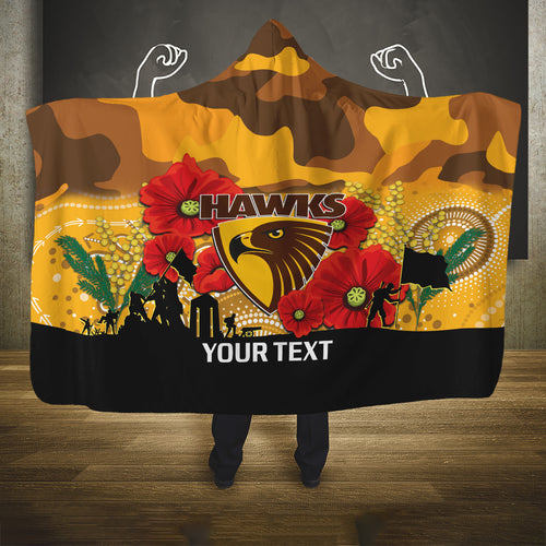 Custom Hawks Football ANZAC Hooded Blanket Gallipoli Camouflage With Poppies