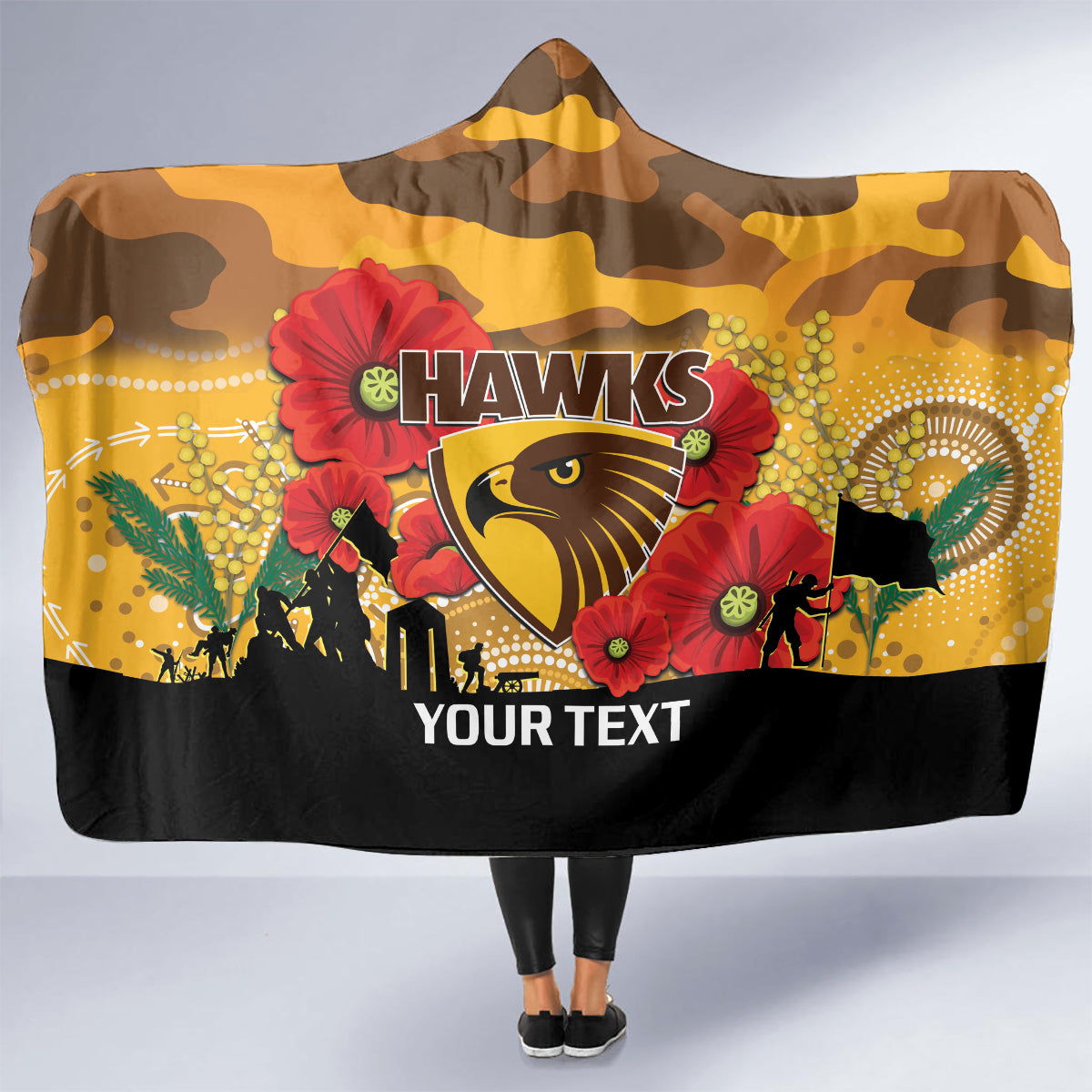 Custom Hawks Football ANZAC Hooded Blanket Gallipoli Camouflage With Poppies